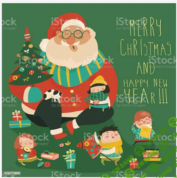 [istockphoto] Cartoon Santa with kids stock illustration (2021)
