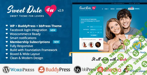 Sweet Date v2.9.5 — сайт знакомств / свидания / сообщество WordPress шаблон